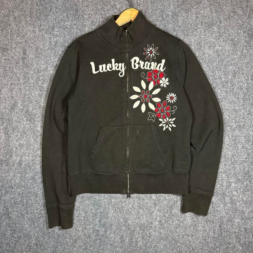 Lucky Brand Floral Embroidery Zip Up Jacket Cotton Blend Black Womens Size L